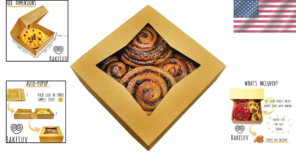 100 Pack 8x8 Brown Bakery Boxes with Window - Elegant Cookie & Treat Packaging