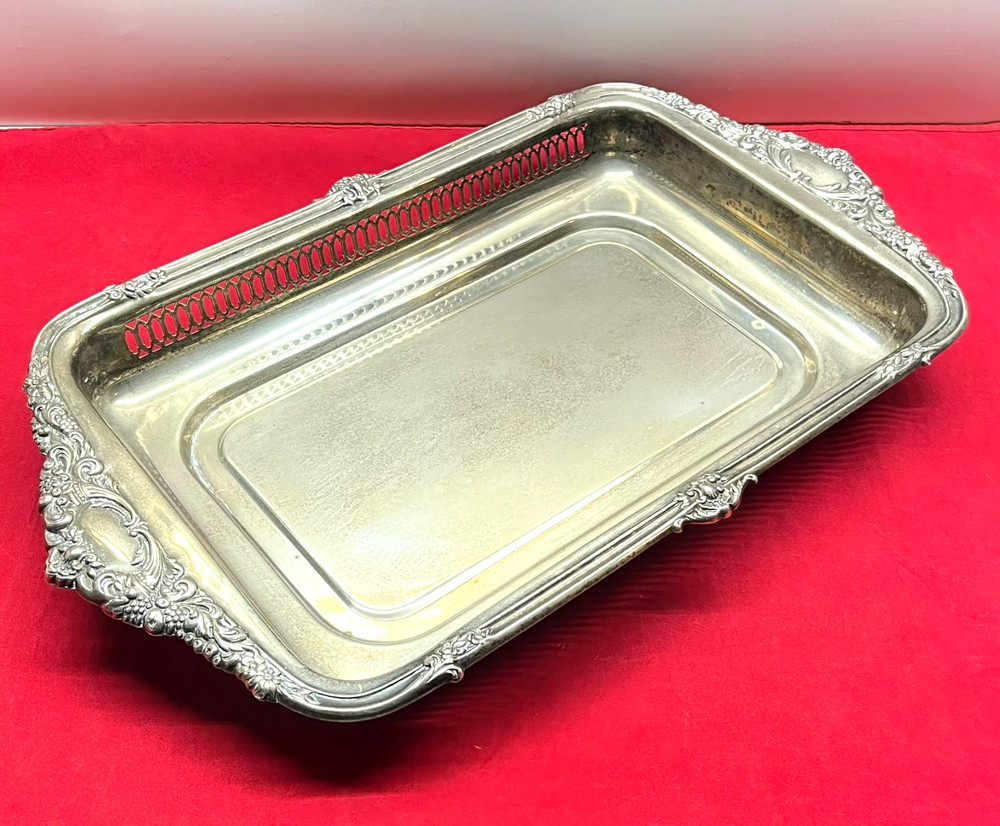VTG 19" Tarnished Silver Plated Rectangular Butler Serving Tray Pierced Gallery