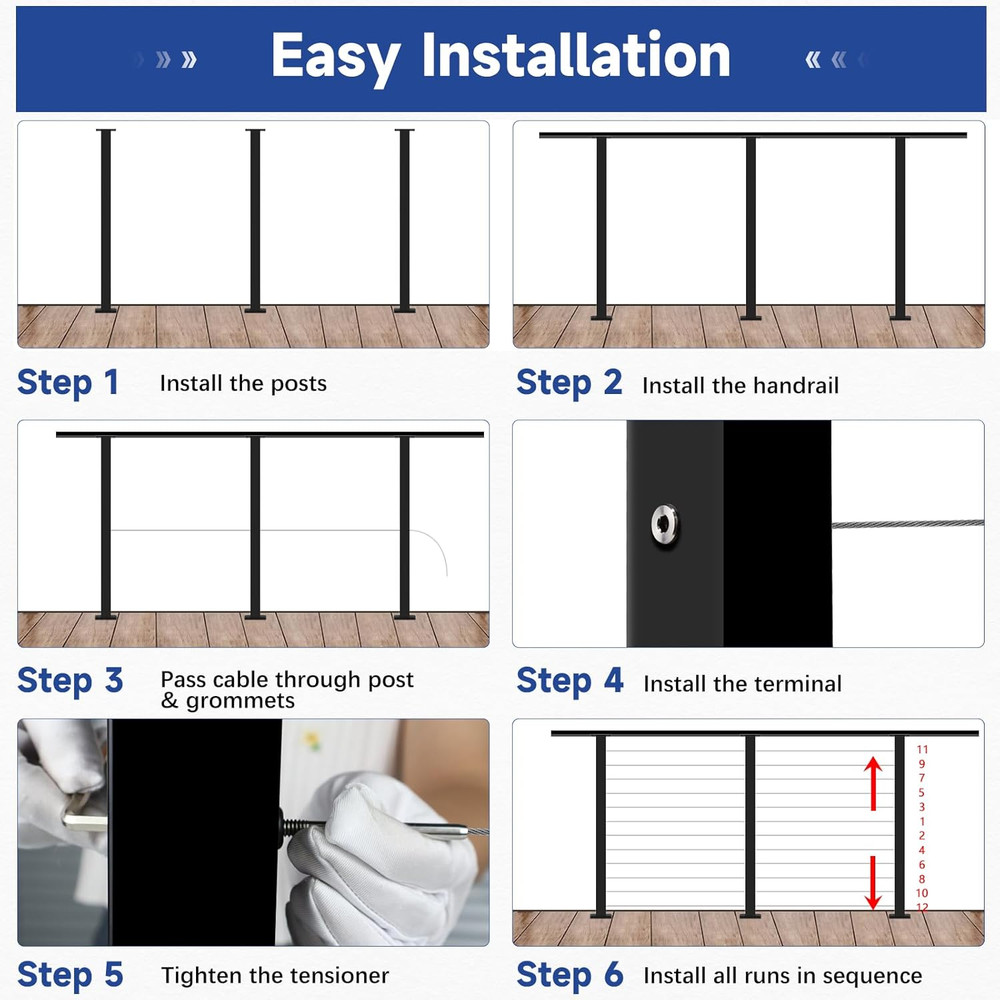 Modular Cable Railing Post Kit 12-16FT with 4 Posts & 197FT Cable System