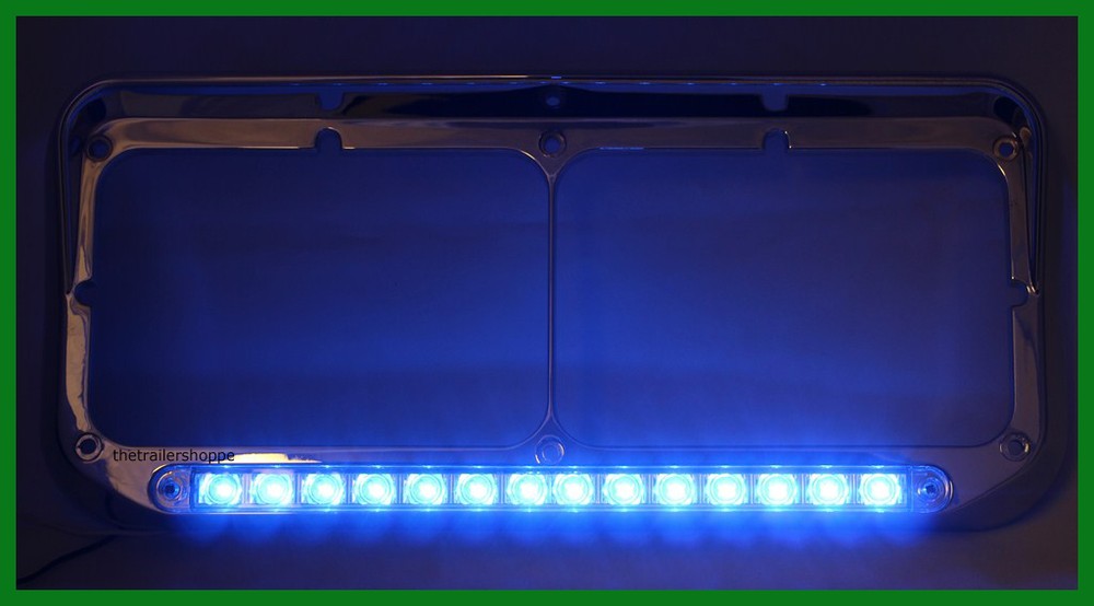 Chrome Plastic Dual Rectangular Headlight Bezel with Visor 14 LED Blue -1 Set