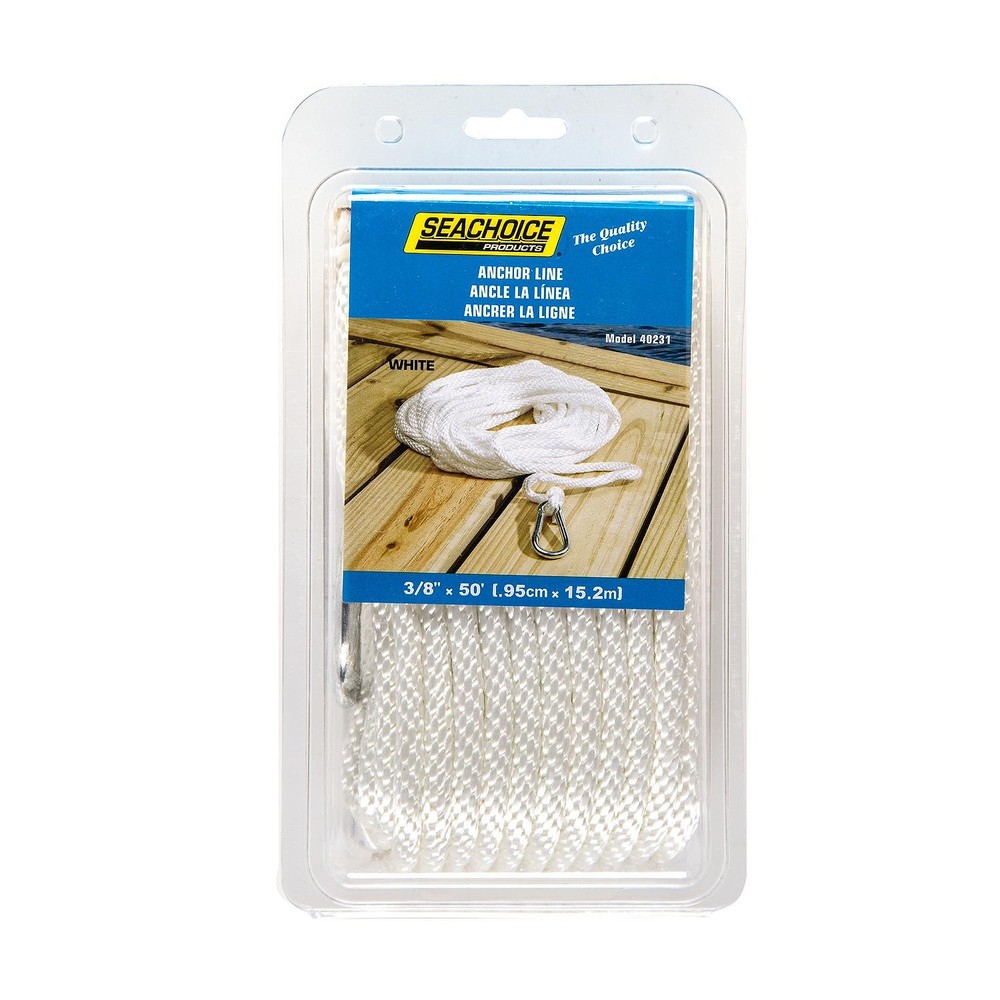 Seachoice 40231 Solid-Braid Nylon Anchor Line, White, 3/8" x 50'