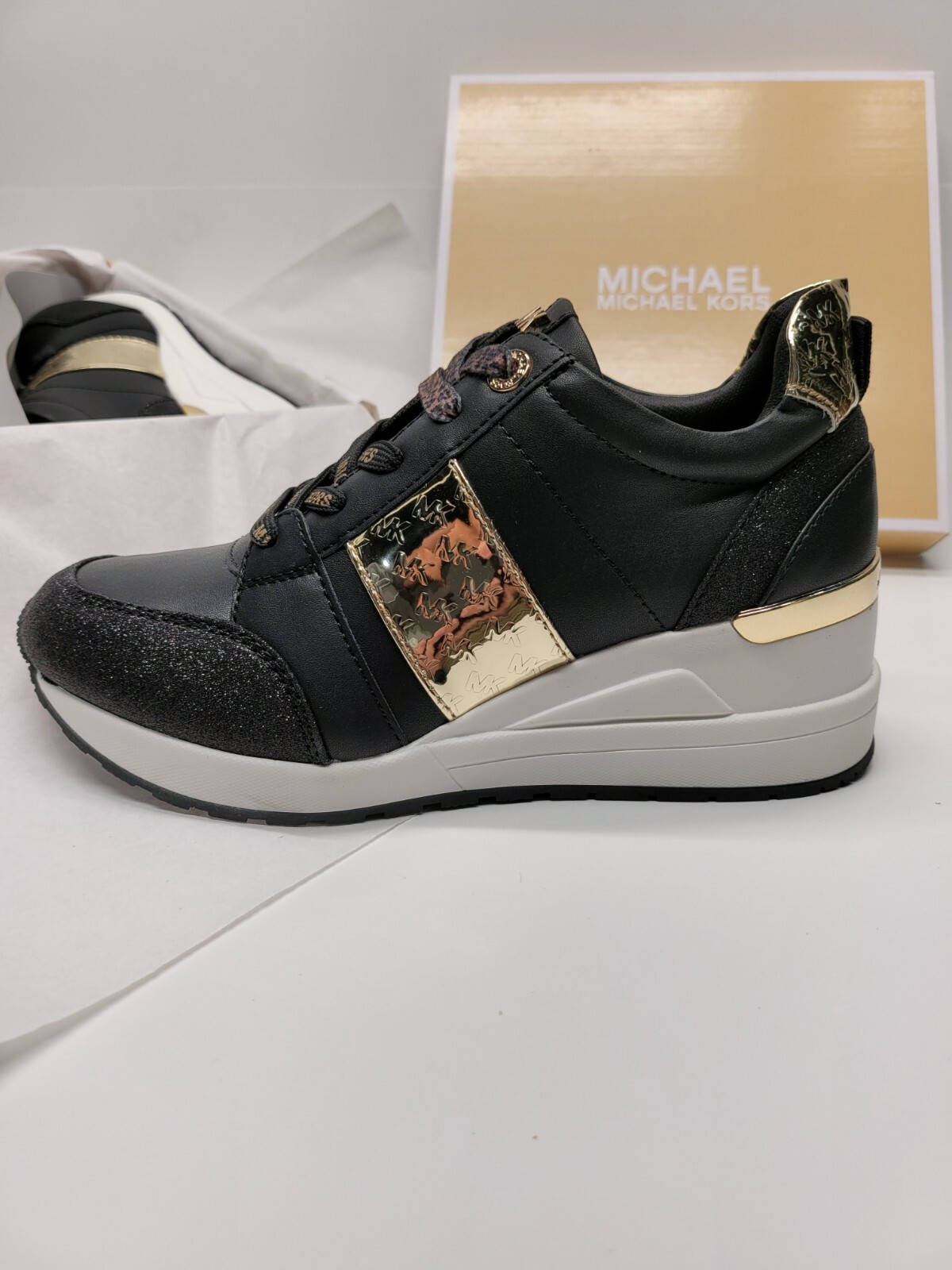 Michael Kors Neo Georgie Girls Youth Gold/Black Lace Up Wedge Sneakers 11M-5M