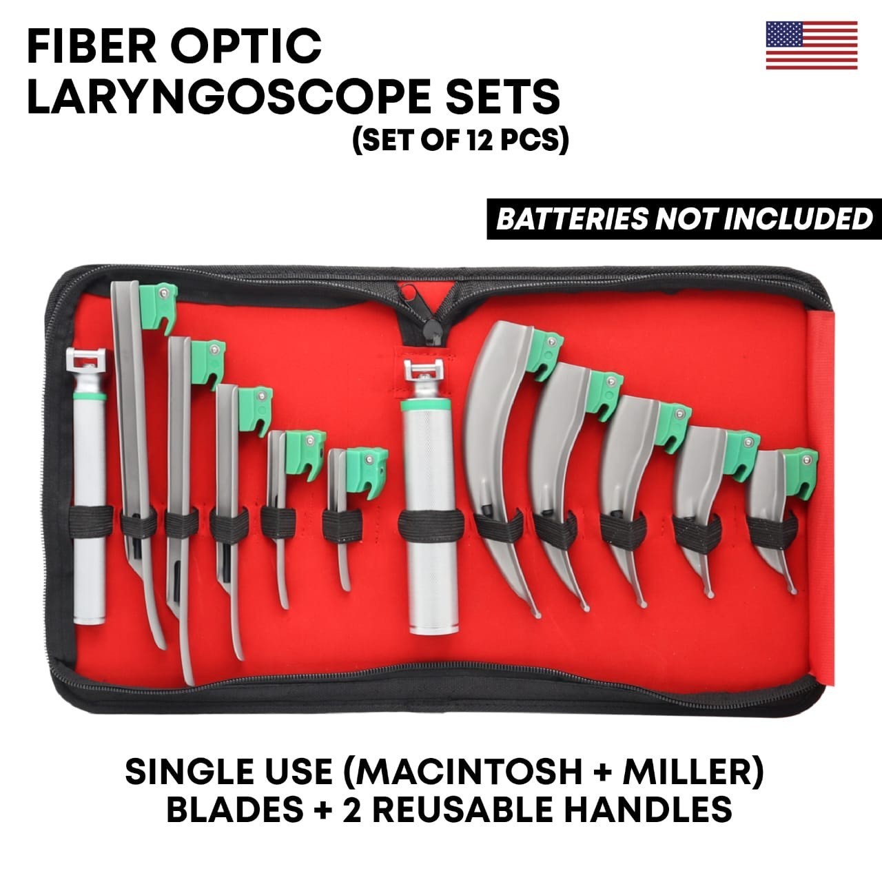 Set of 12 Fiber Optic Mac & Miller Laryngoscope + 2 Handles Intubation Kit