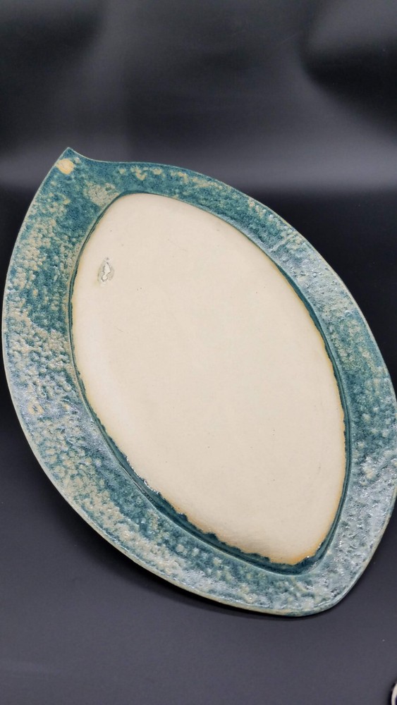 Handmade Studio Pottery Textured Blue Leaf Shaped Serving Plate Platter Tray EUC