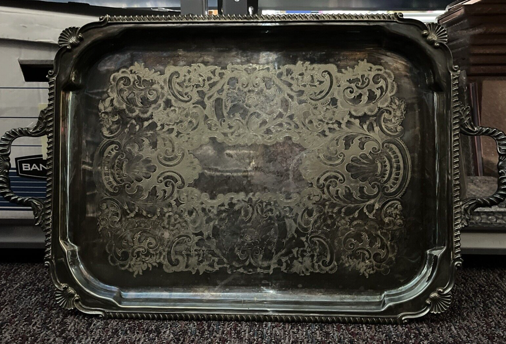 Vintage England 7762 Silver Plated Rectangular Serving Tray with Handles 20"x15"
