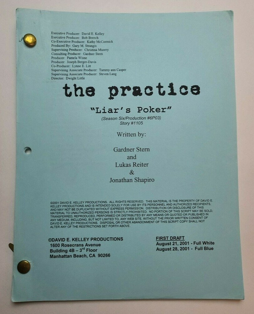 THE PRACTICE / Lukas Reiter, 2001 TV Script, Dylan McDermott "Liar's Poker"