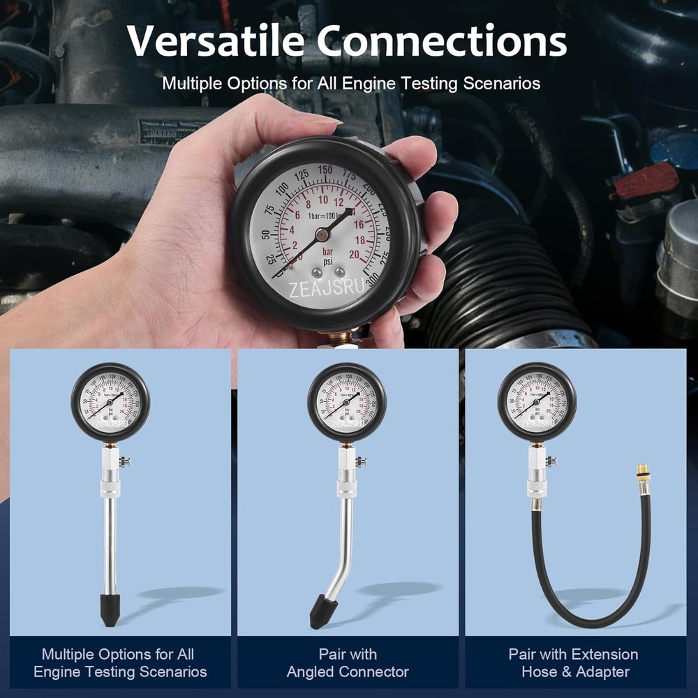 Comprehensive Engine Compression Tester Kit - Clear Dual Scale Gauge & Adapters