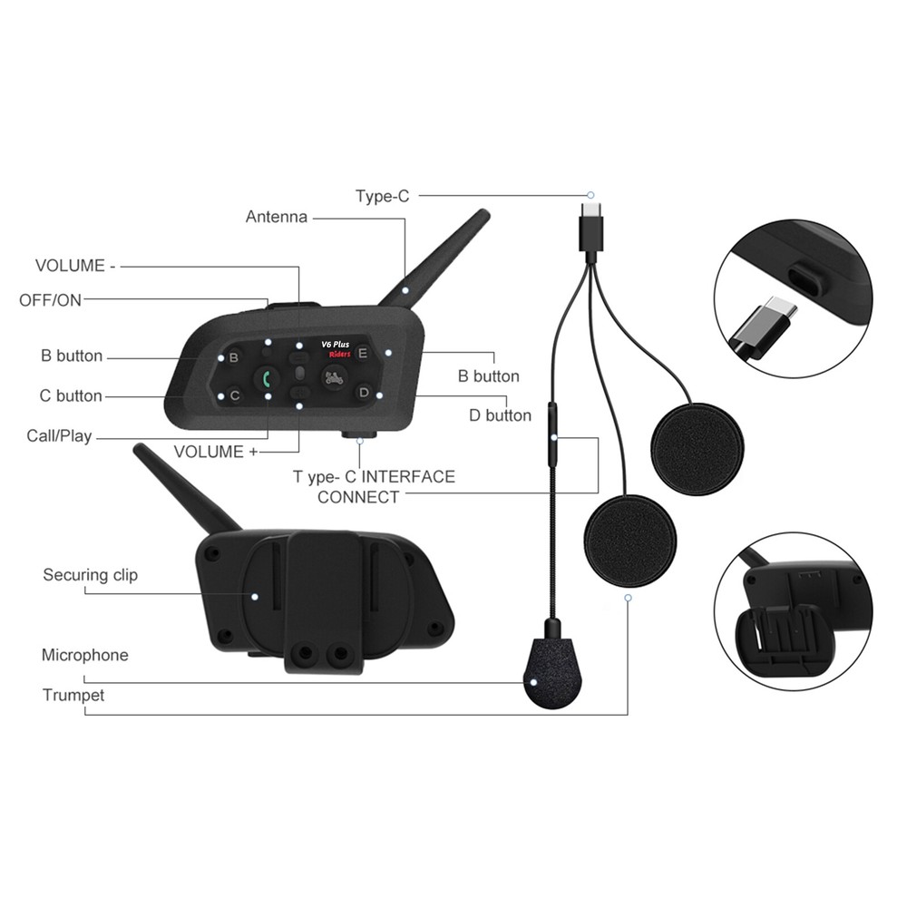 2Pcs V6 Pro Motorcycle Helmet Bluetooth Intercom Headset 6 Riders Communication