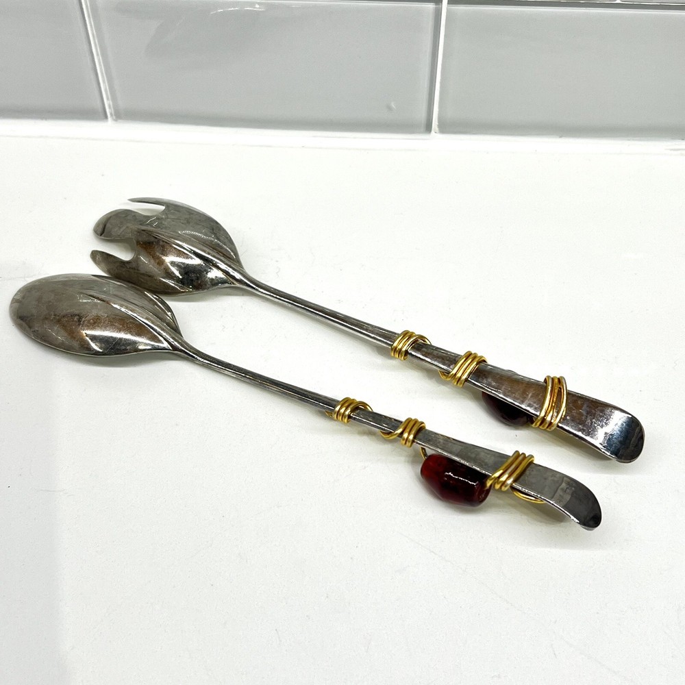 Decorative Serving Spoon & Fork Silver Plated w/ Wire Wrapped Stone Vintage