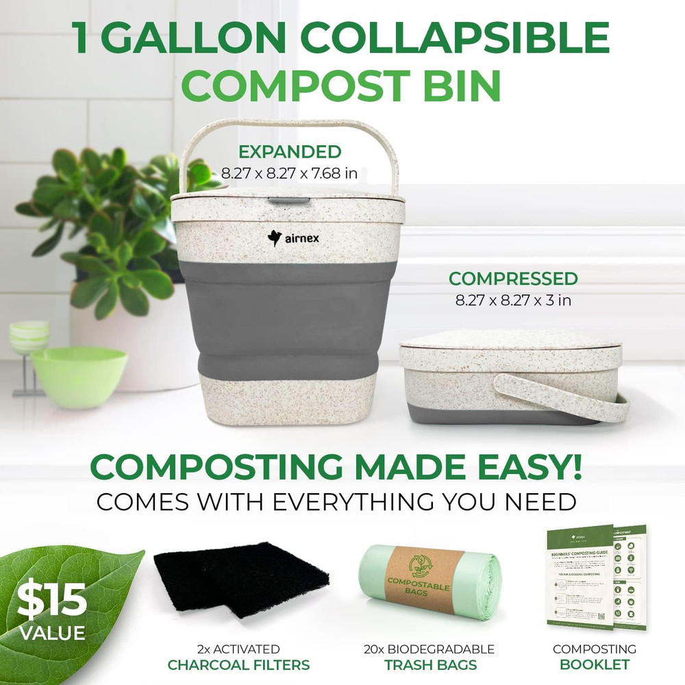 Collapsible Compost Bin Kitchen Counter Caddy - 1 Gallon Countertop Compost Bin