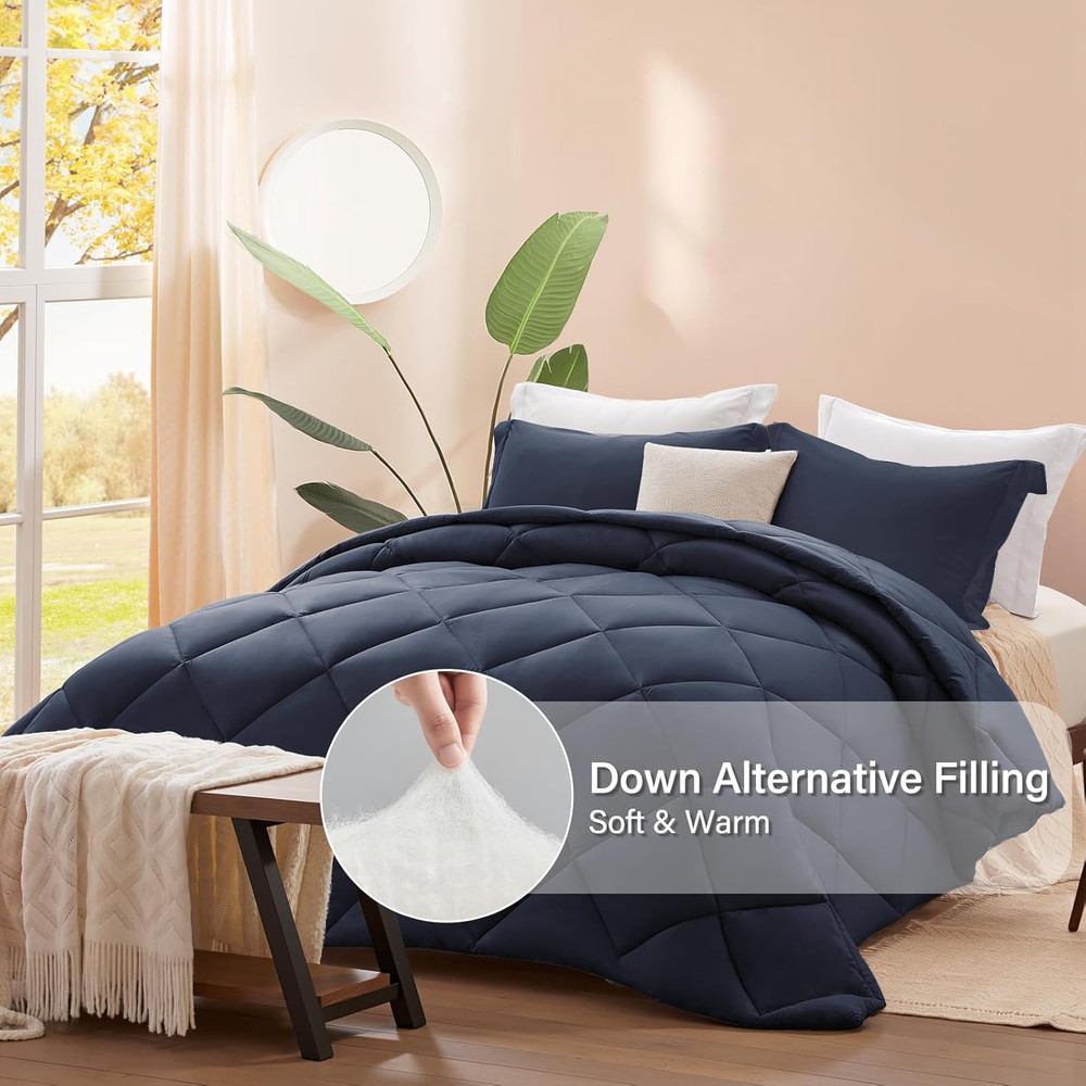 Queen Comforter Set Navy Blue, 3 Pieces Comforters Queen Size Solid Quilted Bedd