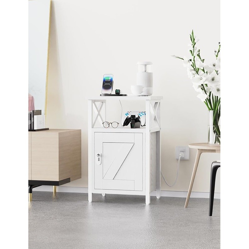 Nightstand W/ Lock USB Charging Station Large Storage Multi-Function Design