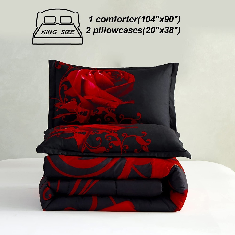 WONGS BEDDING Red Comforter Set King Reversible Red Rose Pattern Printed Bedd...