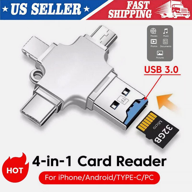 4 In 1 iOS Micro USB Type-C Micro TF Card Reader OTG for Android iPhone PC New🎯