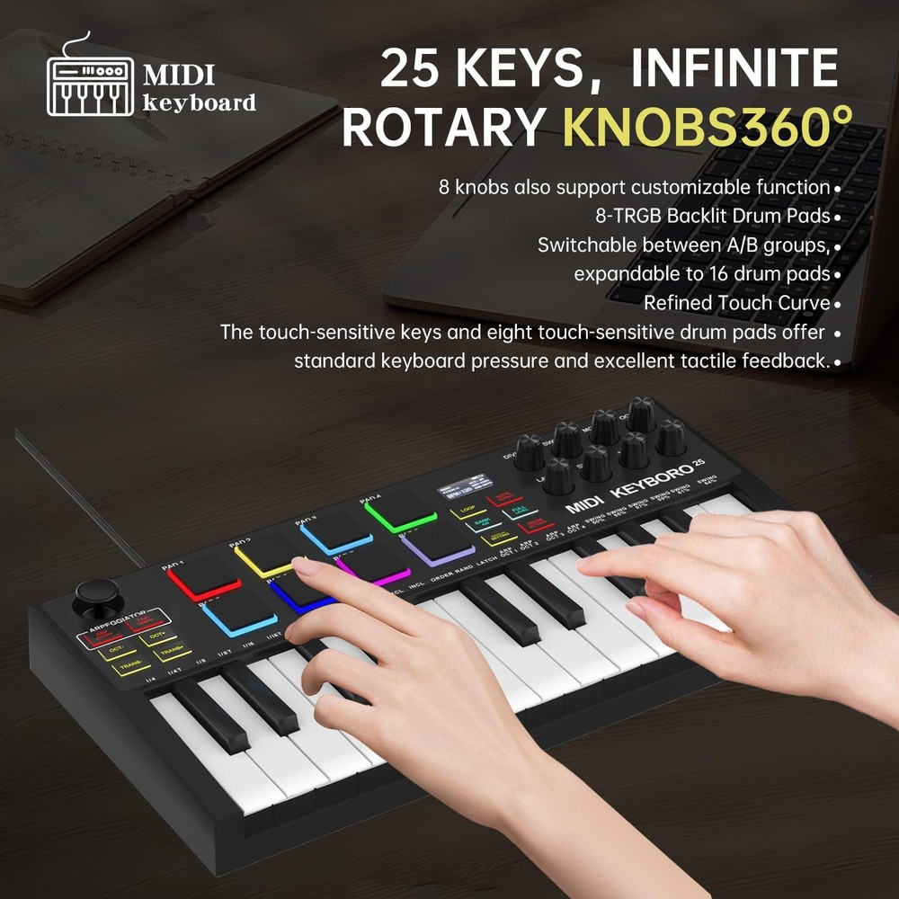 MIDI Keyboard Controllers，25-Key USB MIDI Keyboard with Backlit Drum Pads, Kn...