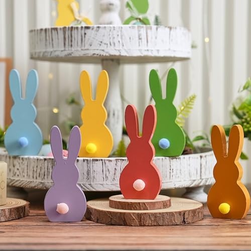 Easter Decorations Bunny Figurine, Wooden Bunny Decor for Set of 6 Multi-color