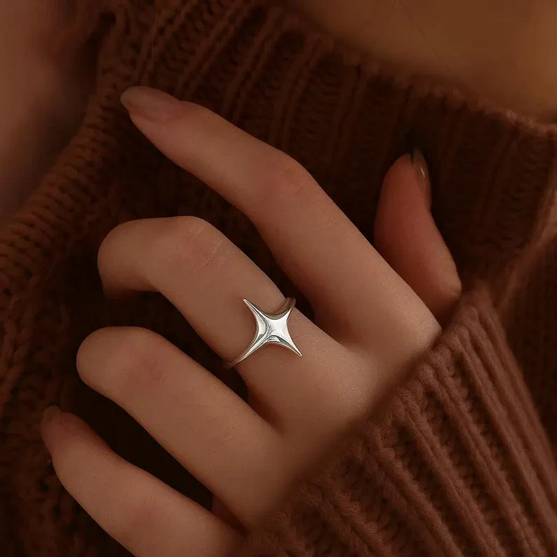 Modern Silver Star Ring:Adjustable Minimalist Celestial Jewelry Star Design Ring