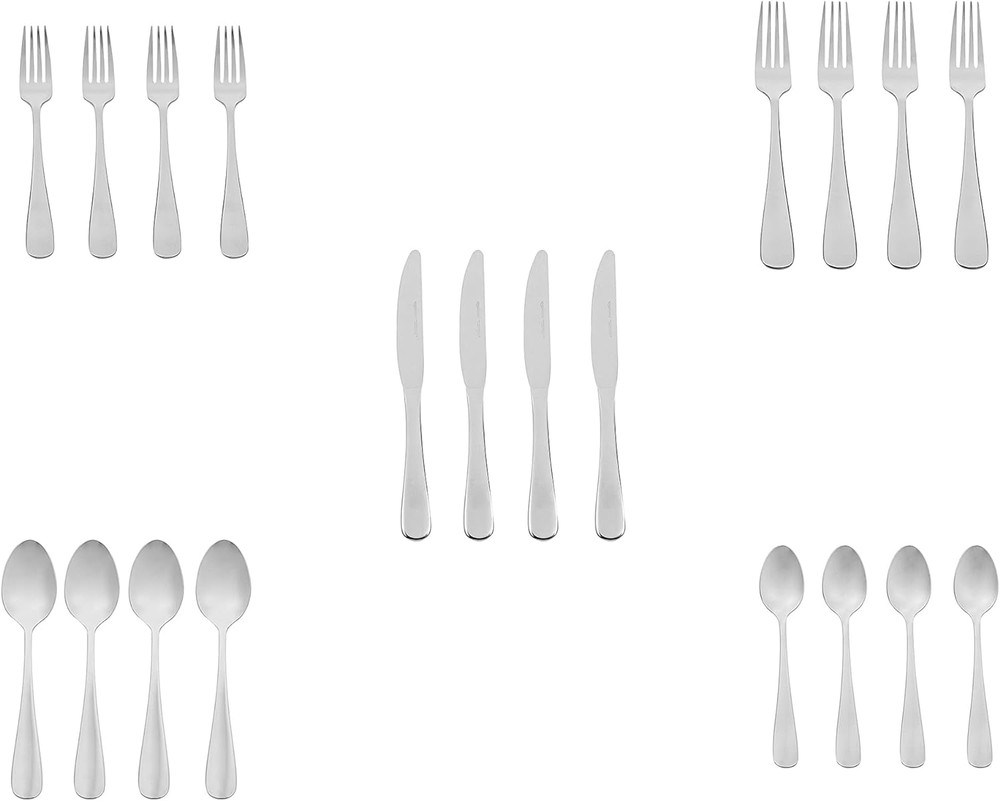 Amazon Basics Silverware Set, Stainless Steel Flatware, Dishwasher Safe, Service