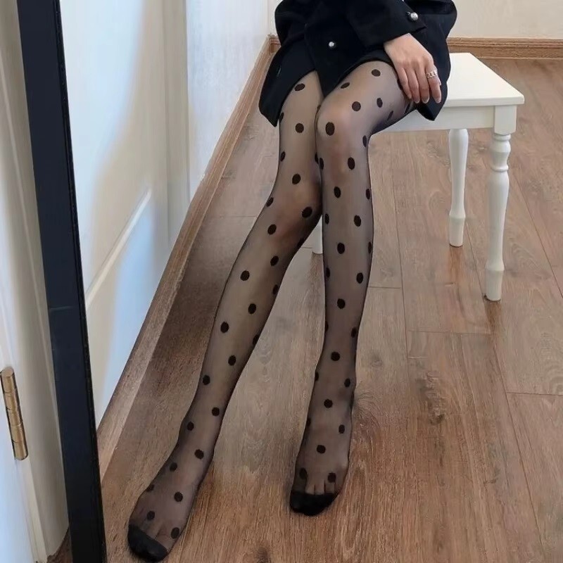 WOMEN'S SHEER LARGE POLKA DOT PRINT TIGHTS PANTYHOSE SHAPED STOCKINGS BLACK THIN