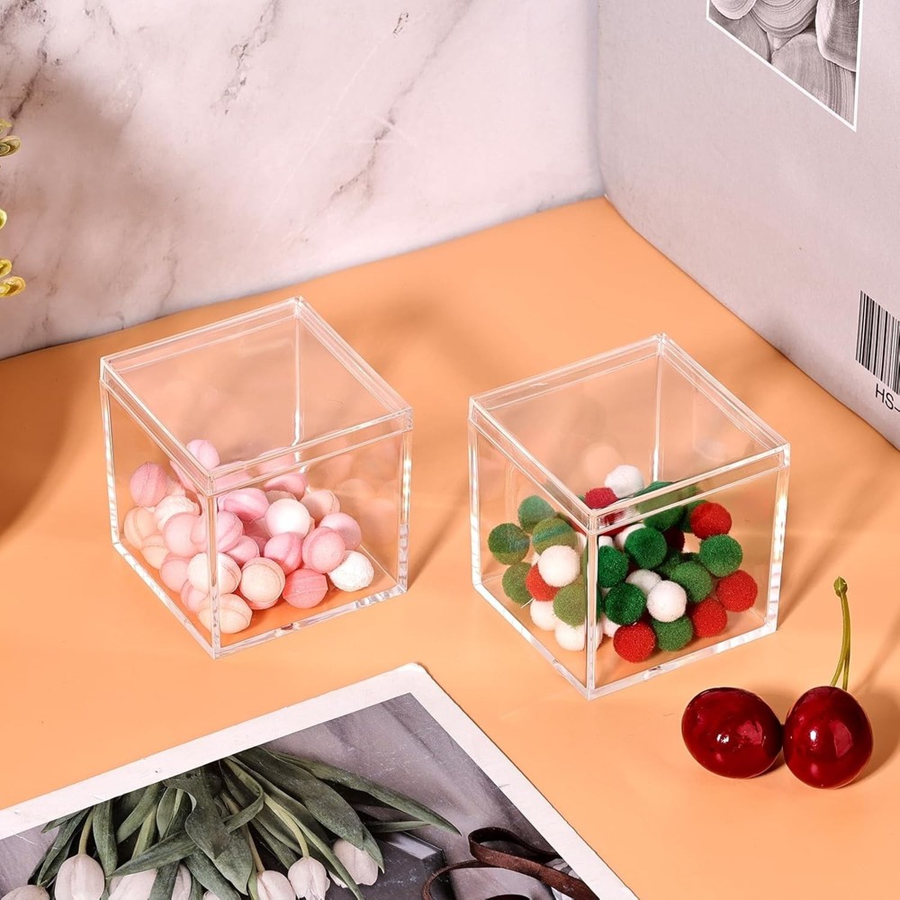 Small Acrylic Box Clear, 2Pcs Plastic Square Cube Containers with Lid Storage...