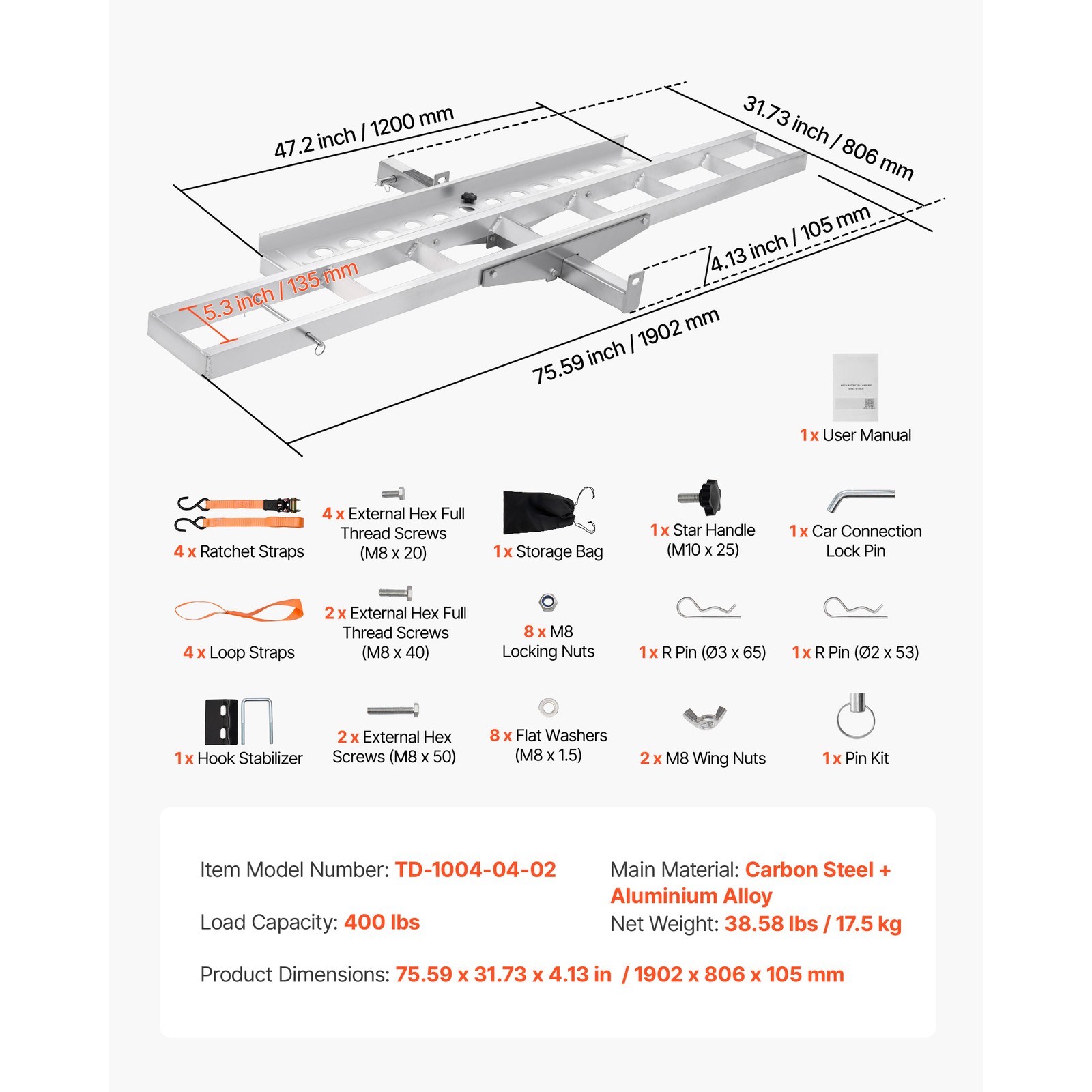 Uimoso Motorcycle Hitch Carrier with Ramp for Bikes and Scooters,400lbs Capacity