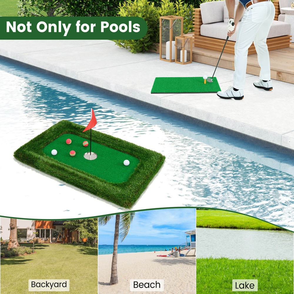 Rectangular Floating Golf Green for Pool Includes Golf Hitting Mat 6 Golf Balls