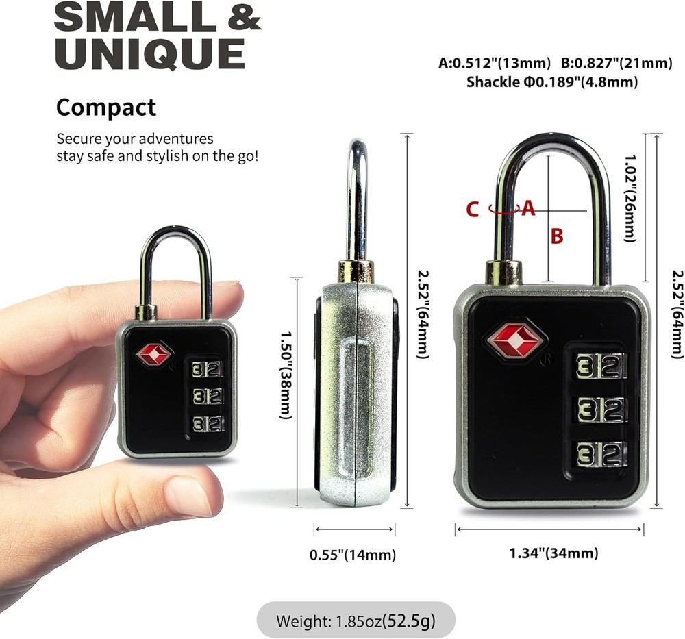 Suitcase Locks TSA Approved, Small Combination Padlock for Black+White