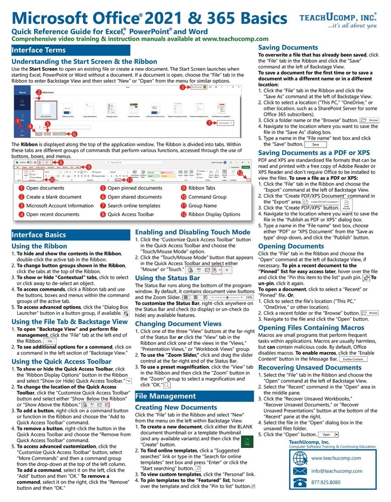 Microsoft Office 2021 & 365 Training Guide Quick Reference Page Cheat Sheet