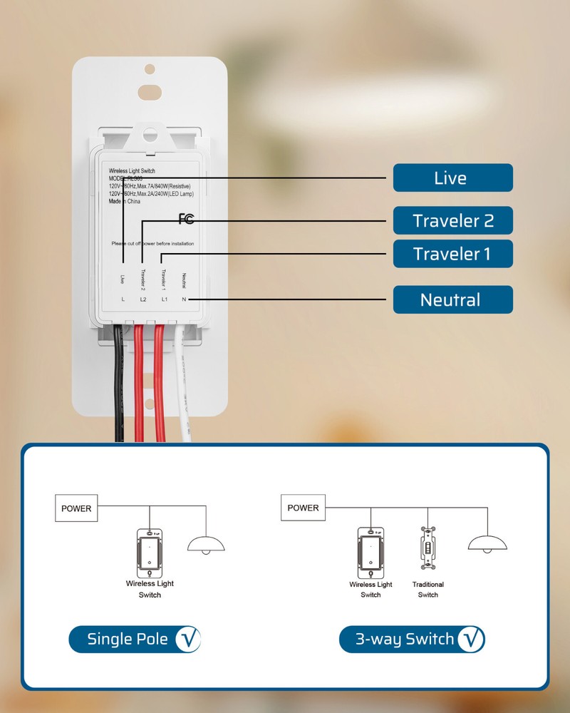 DEWENEILS 3 Way Wireless Light Switch, Wireless Light Switch and Receiver Kit