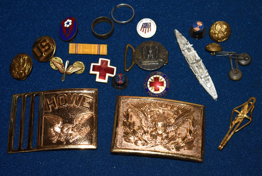Vintage WWII Junk Drawer Mixed Lot Belt Buckles Red Cross Badges Collar Tabs DUI