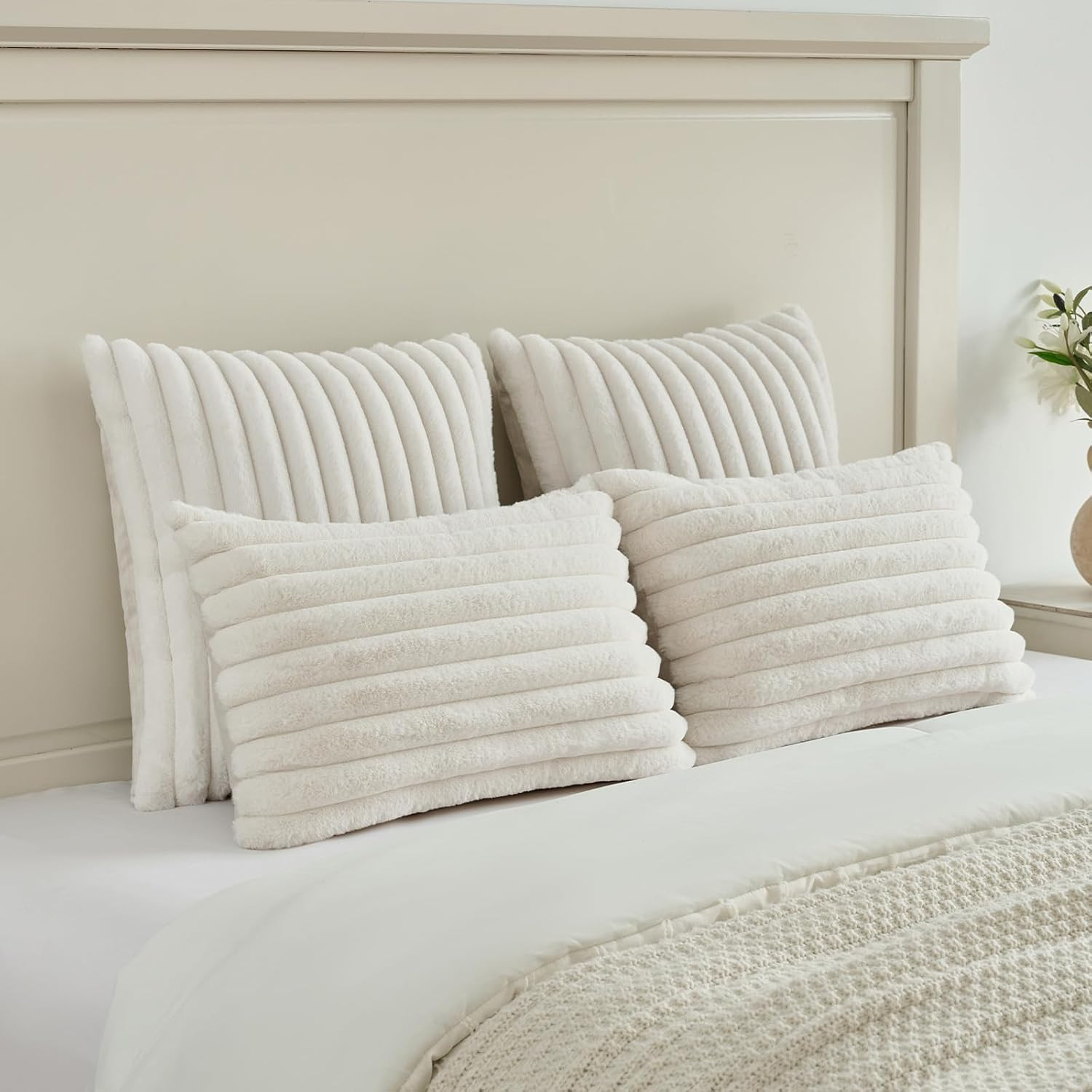 Cream White Throw Pillow Covers Set of 2, 18x18 Inch Soft Faux Rabbit Fur Stripe