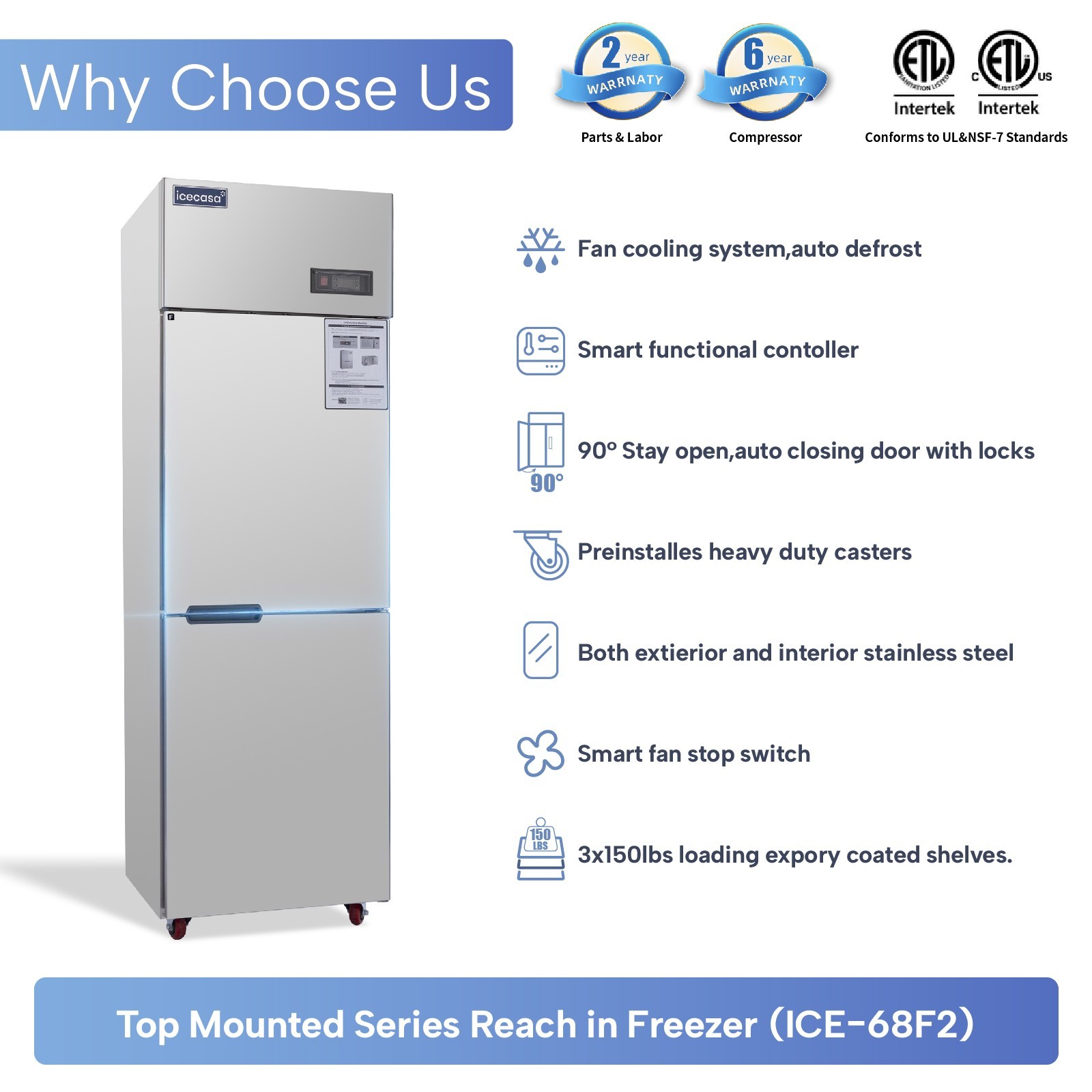 ICECASA 24" Commercial Reach In Freezer Split Door 15 Cu.ft Stainless Steel