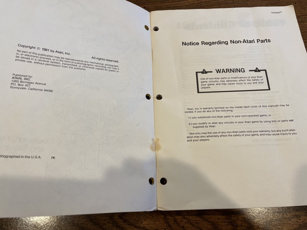 Atari Centipede Arcade Operation, Maintenance and Service Manual 2nd Printing