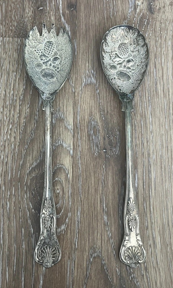 VTG Ornate England Silver Plated Fruit Themed Salad Serving Fork And Spoon Set
