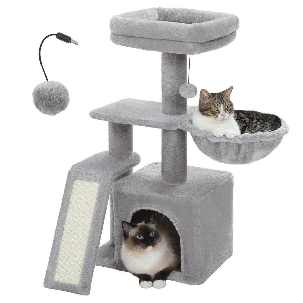 Small Cat Tree 32'' with Scratching Ramp Hammock and Top Bed Perch Grey