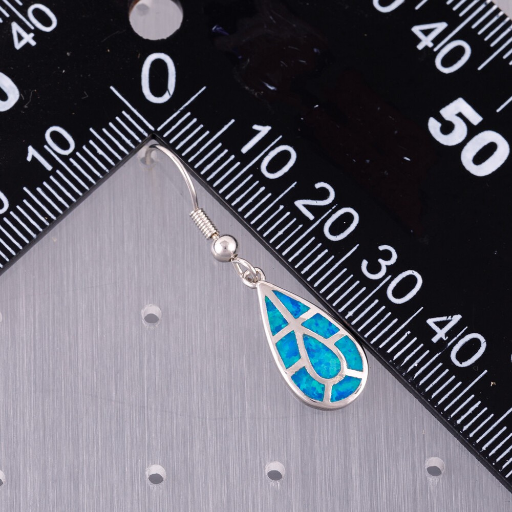 Teardrop Shape Ocean Blue Fire Opal Silver Jewelry Dangle Drop Earrings