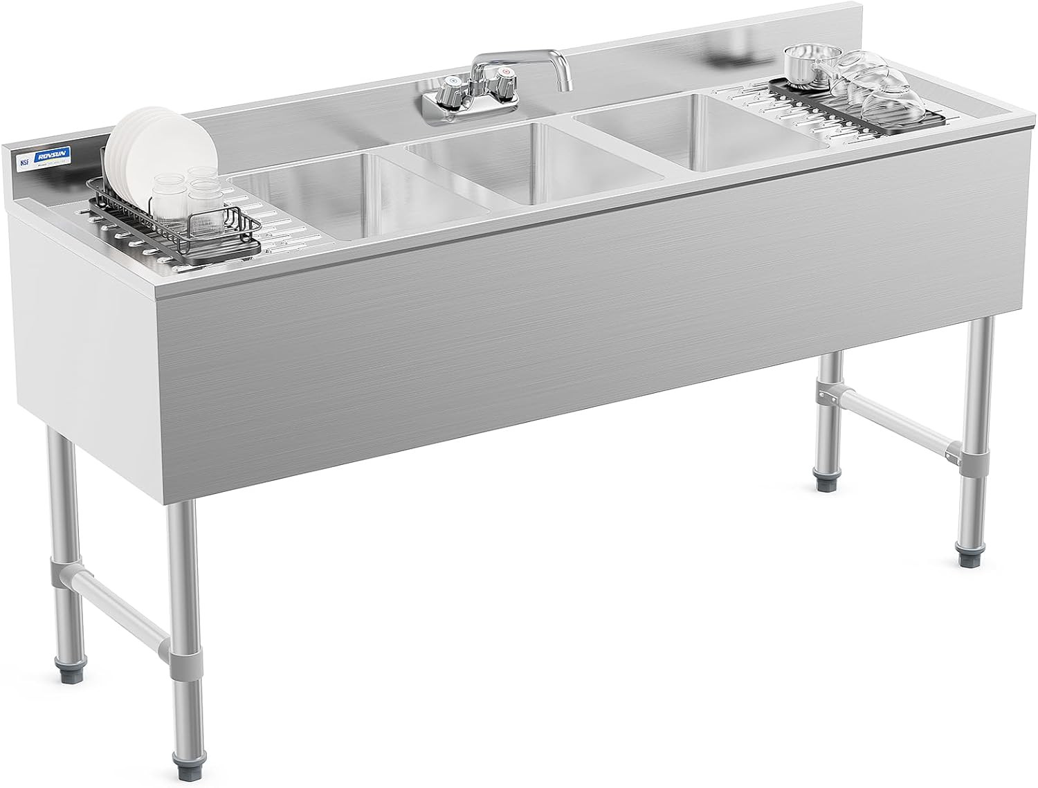 3 Compartment Commercial Sink with Double Drainboard 60"L x 18.4"W x 33"H Silver