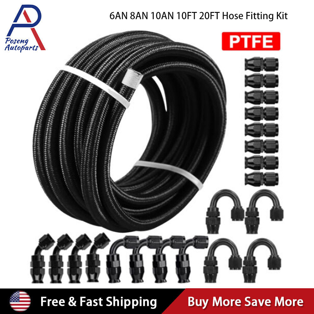 4AN-6AN-8AN-10AN Nylon Braided PTFE Fuel Line 10FT-30FT with 20 Fitting Hose Kit
