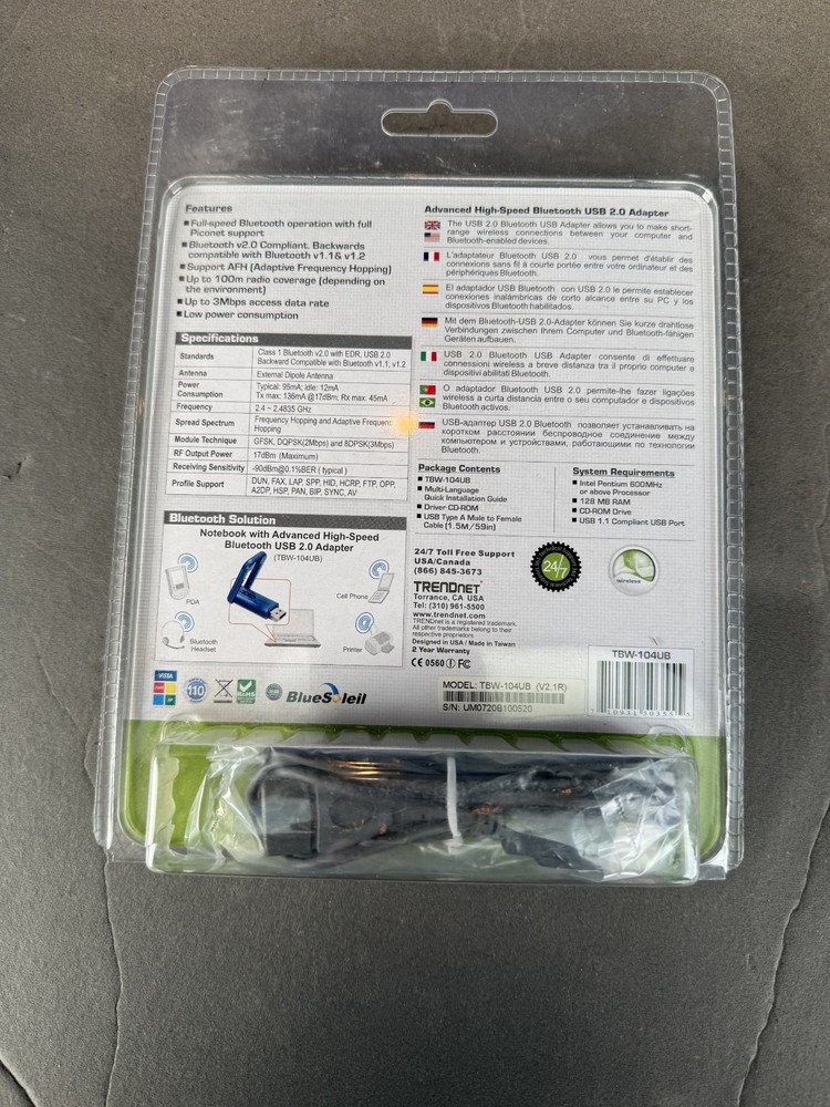 New OEM Trendnet Advanced High-Speed Bluetooth USB 2.0 Adapter 100m TBW-104UB