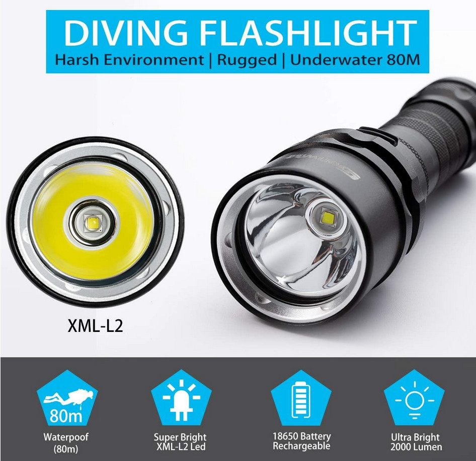 Scuba Diving Flashlight Dive Torch 2000 Lumen Waterproof Underwater XM-L2 LED...