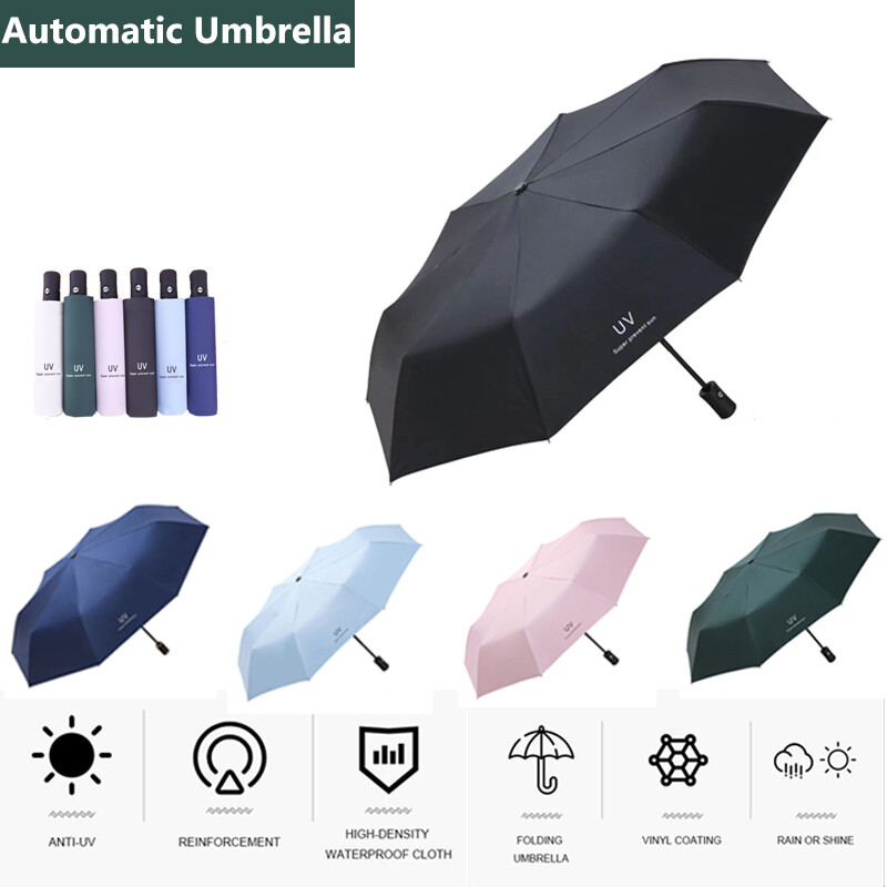 Automatic Black Umbrella Anti-UV Sun / Rain Windproof 3 Folding Compact Umbrella