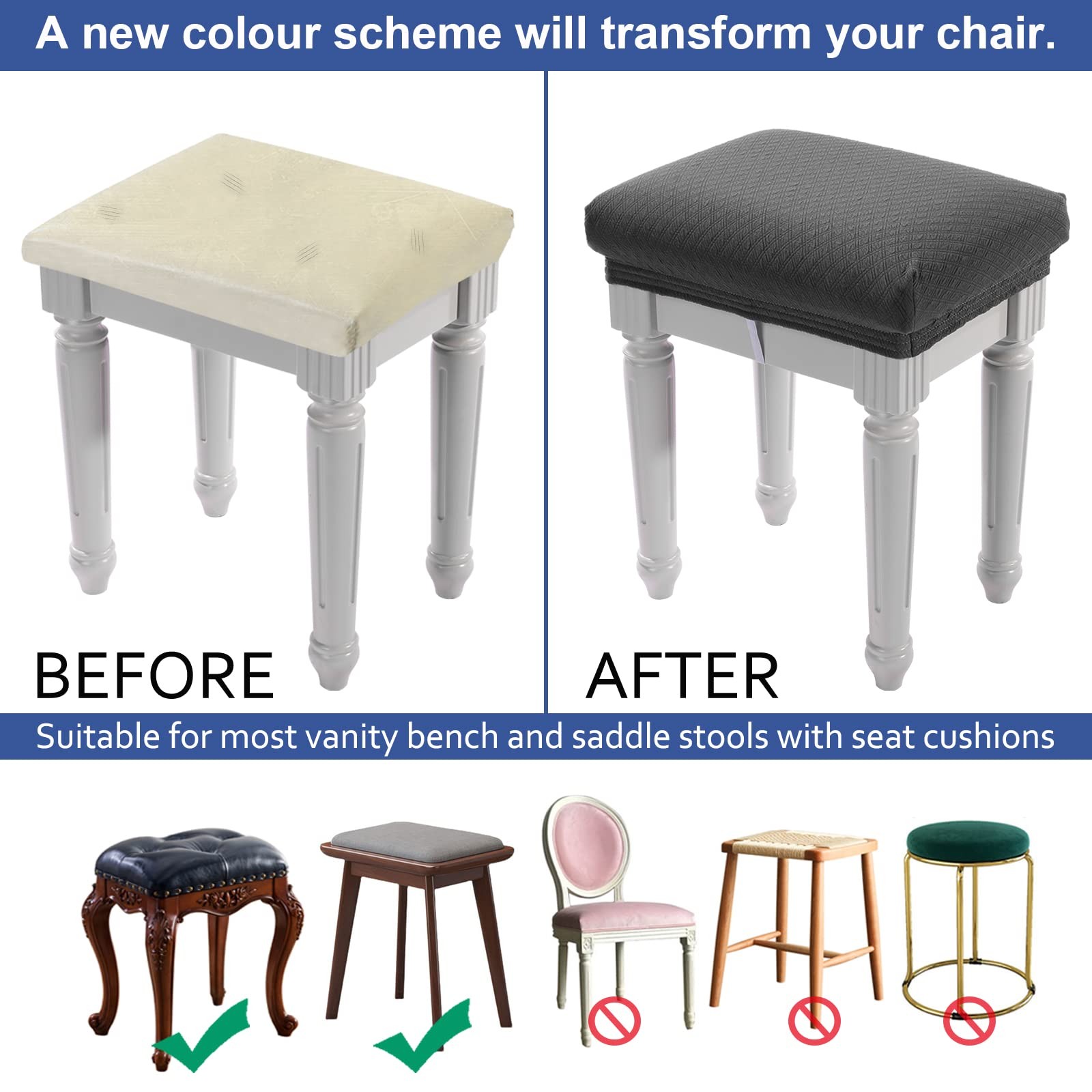 Luxury Vanity Bench Stool Cover, (15"- 20") L x (11.8"- 15.7") W Rectangle Sm...