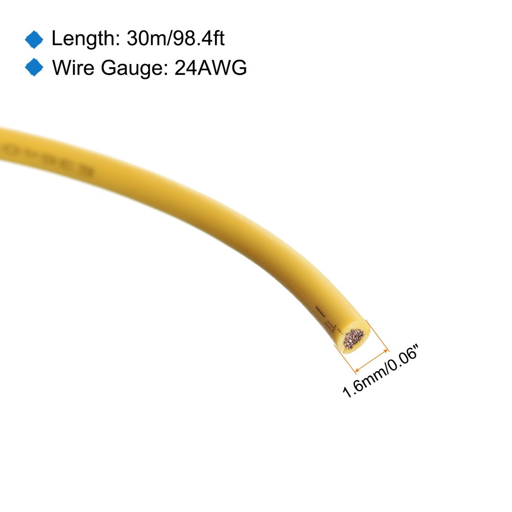 24AWG Stranded Wire Hookup 30M/100ft Yellow Electrical Wire UL1007 Spool