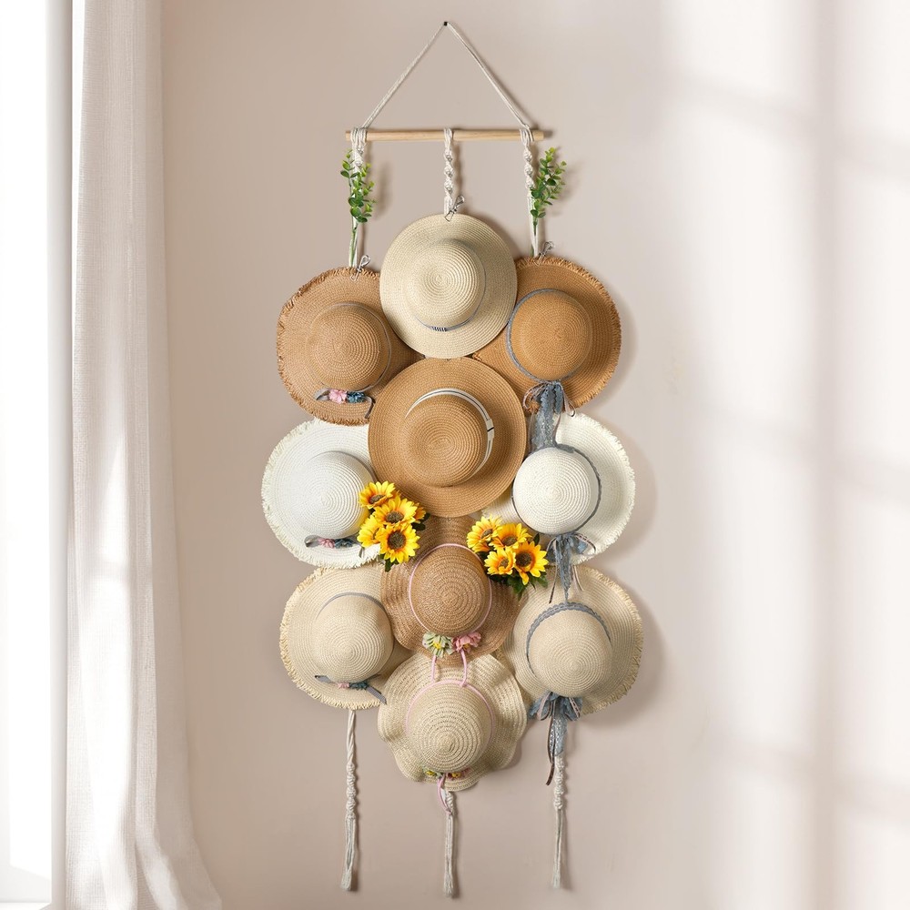 Macrame Hat Hangers for Wall Wide Brimmed Hat Holder Storage 10 Clips Hat Rac...