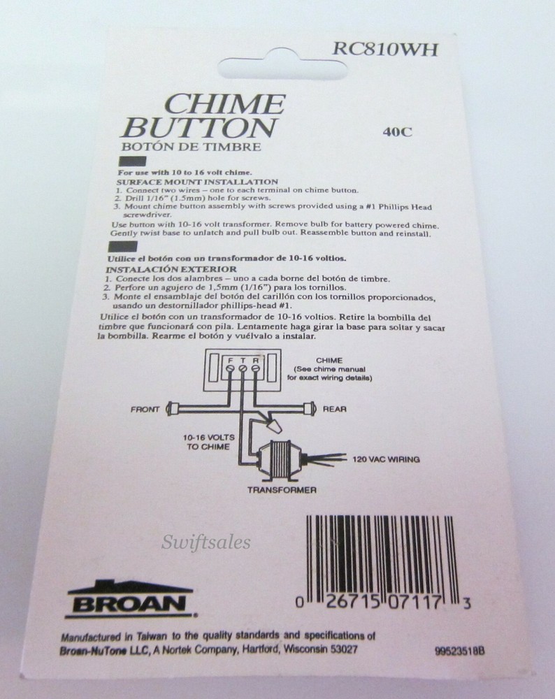 Broan NuTone RC810WH Surface Mount Lighted Decorative White Doorbell Button