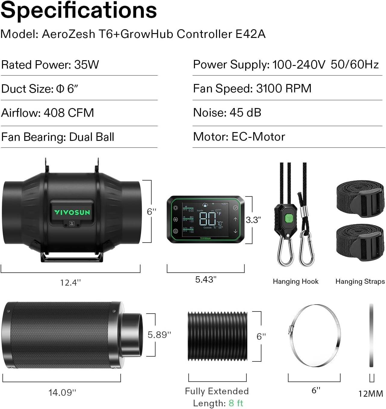 VIVOSUN AeroZesh T6 6'' 408 CFM Inline Duct Fan w/E42A,Carbon Filter &8' Ducting