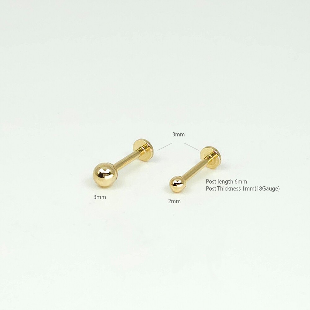 14K Solid Gold Tiny 3mm Ball Internally Threaded Labret Stud Earring(18Gauge)