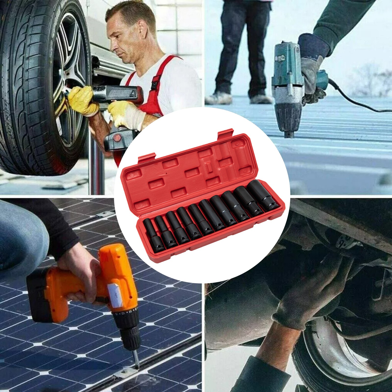 10pcs Metric Deep Impact Socket 1/2" Drive 10mm-24mm 6 Point Sockets w/ Case Set