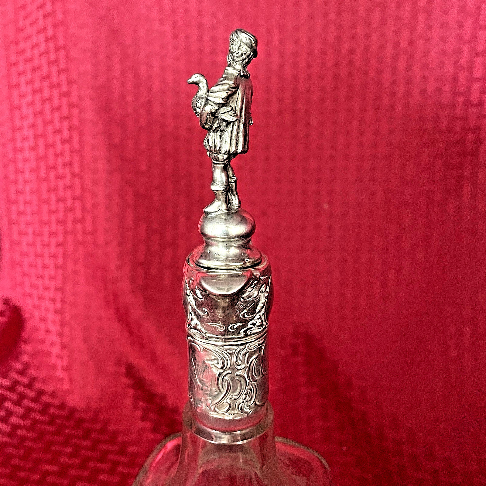 ANTIQUE GERMAN HANAU .800 SILVER OVERLAY ON ETCHED DECANTER