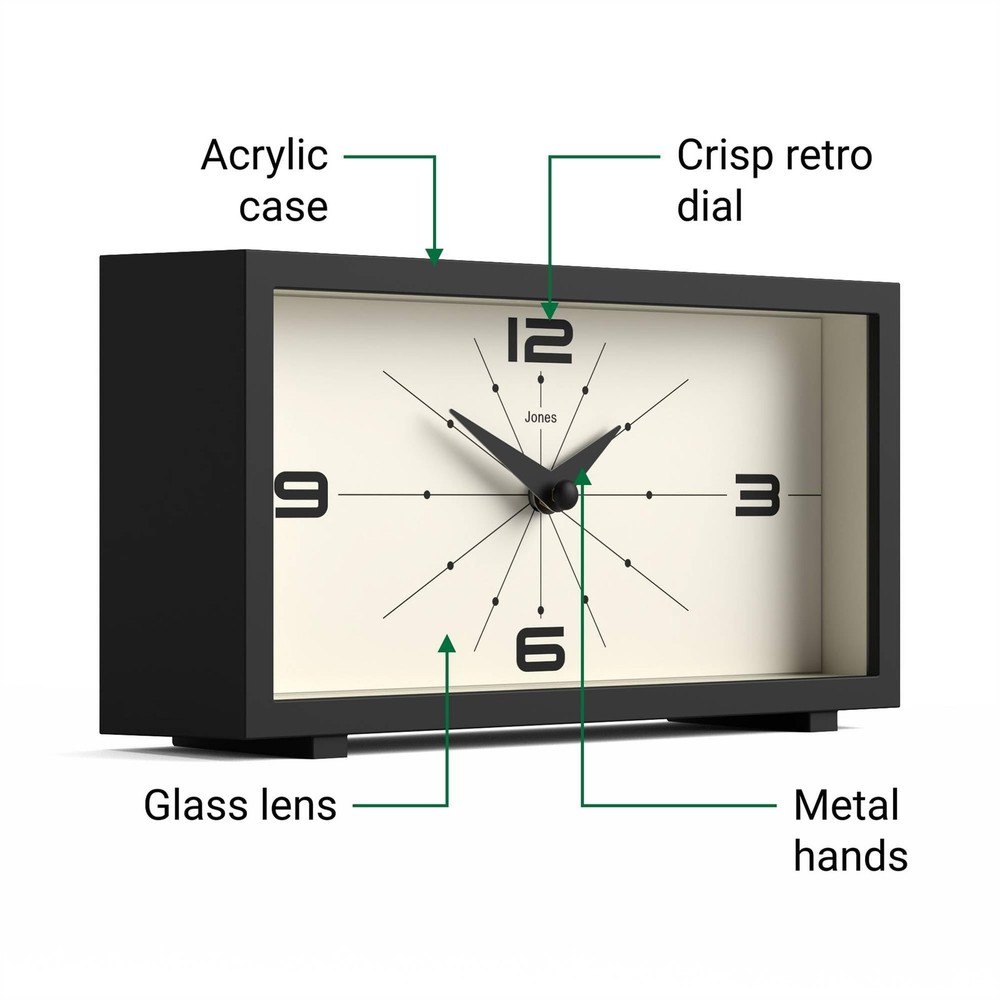 JONES CLOCKS® Odeon Desk Clock | Modern Rectangular Design | Black | Stylis